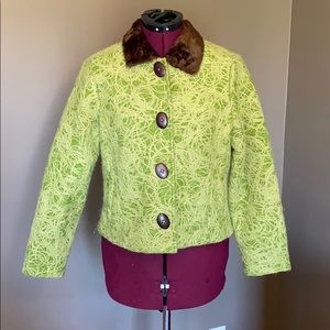 Vintage Tsunami Green Wool Jacket w/ Wood Buttons and Faux Fur Collar (Size SP)